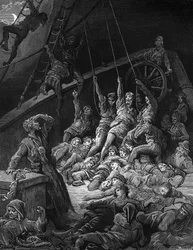 I marinai morti si alzano e iniziano a lavorare le corde della nave in modo che inizi a muoversi, scena da 